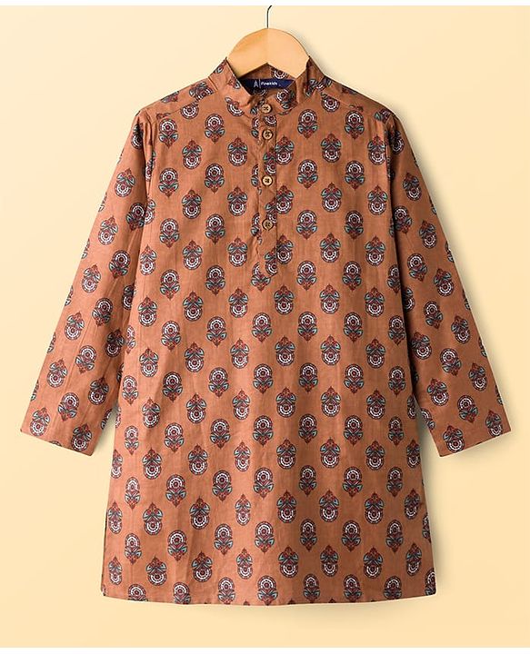 Pine Kids Cotton Woven Full Sleeves Floral Printed Kurta Pajama Set - Light Brown