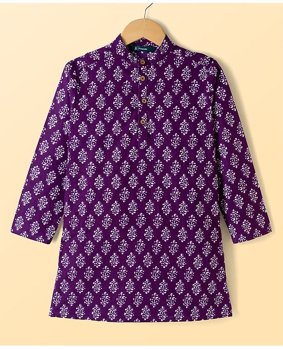 Pine Kids Cotton Woven Full Sleeves Floral Printed Kurta Pajama Set - Purple