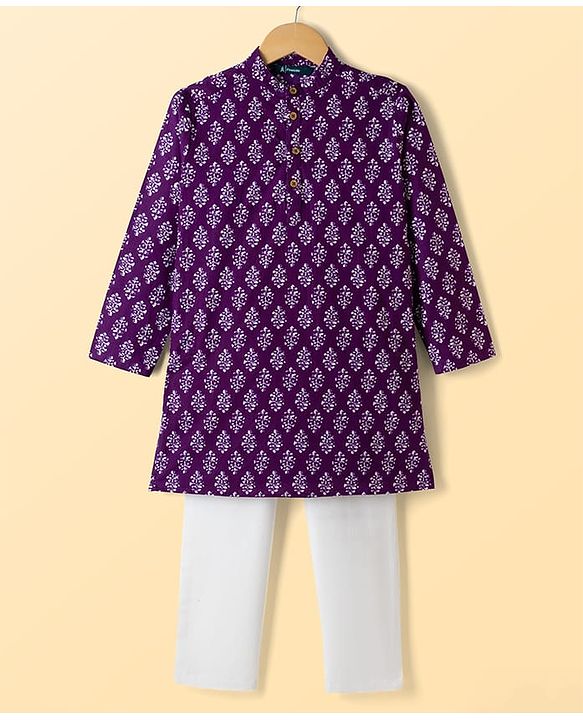 Pine Kids Cotton Woven Full Sleeves Floral Printed Kurta Pajama Set - Purple