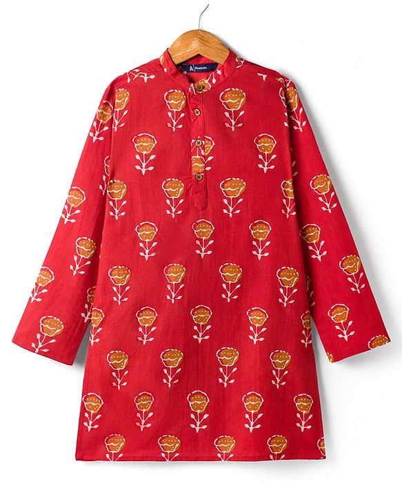 Pine Kids Cotton Woven Full Sleeves Floral Printed Kurta - Red