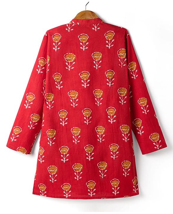 Pine Kids Cotton Woven Full Sleeves Floral Printed Kurta - Red