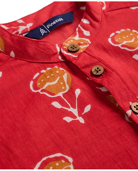 Pine Kids Cotton Woven Full Sleeves Floral Printed Kurta - Red