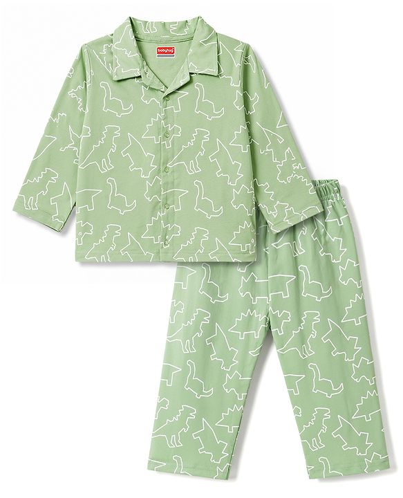 Babyhug Cotton Knit Full Sleeves Shirt & Pyjama Co-Ord Night Suit With Dino Print - Teal Blue