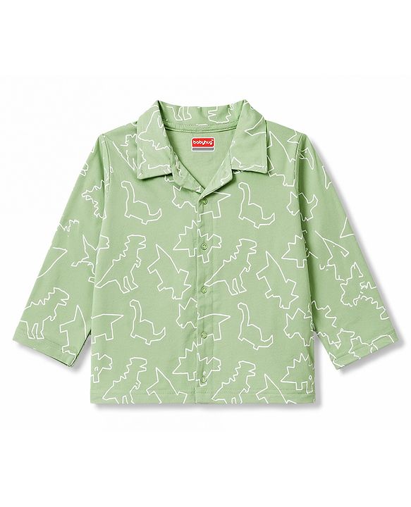 Babyhug Cotton Knit Full Sleeves Shirt & Pyjama Co-Ord Night Suit With Dino Print - Teal Blue
