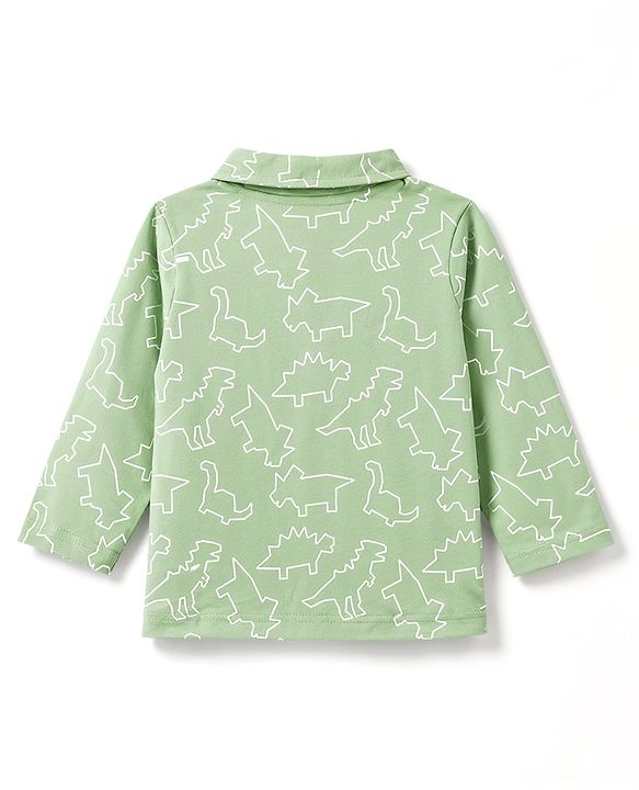Babyhug Cotton Knit Full Sleeves Shirt & Pyjama Co-Ord Night Suit With Dino Print - Teal Blue