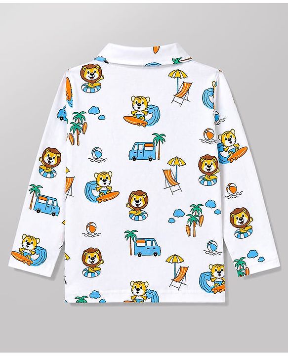 Babyhug 100% Cotton Knit Full Sleeves Front Open Cub Printed Co-Ords Shirt & Pyjama Night Suit -White