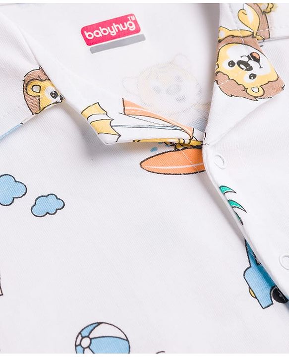 Babyhug 100% Cotton Knit Full Sleeves Front Open Cub Printed Co-Ords Shirt & Pyjama Night Suit -White