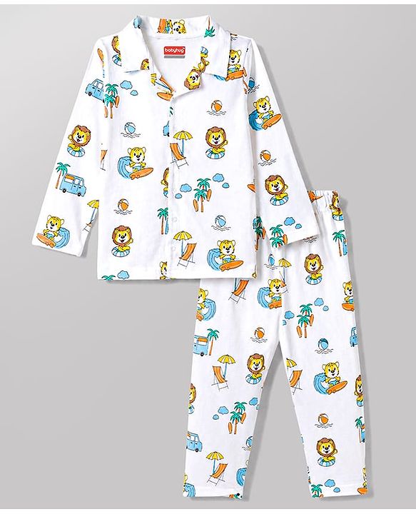 Babyhug 100% Cotton Knit Full Sleeves Front Open Cub Printed Co-Ords Shirt & Pyjama Night Suit -White