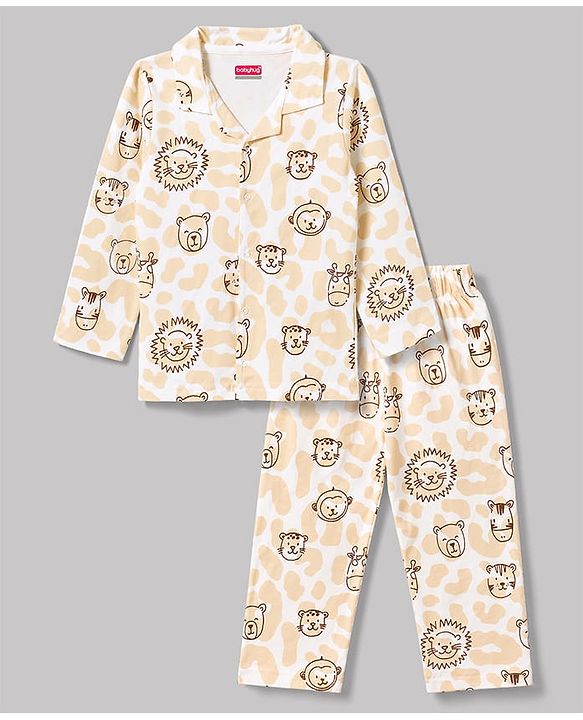 Babyhug 100% Cotton Knit Full Sleeves Front Open Lion Face Printed Co-Ords Shirt & Pyjama Night Suit -White