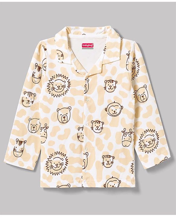Babyhug 100% Cotton Knit Full Sleeves Front Open Lion Face Printed Co-Ords Shirt & Pyjama Night Suit -White
