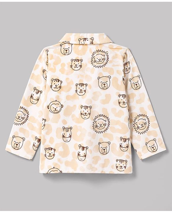 Babyhug 100% Cotton Knit Full Sleeves Front Open Lion Face Printed Co-Ords Shirt & Pyjama Night Suit -White