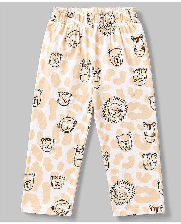 Babyhug 100% Cotton Knit Full Sleeves Front Open Lion Face Printed Co-Ords Shirt & Pyjama Night Suit -White