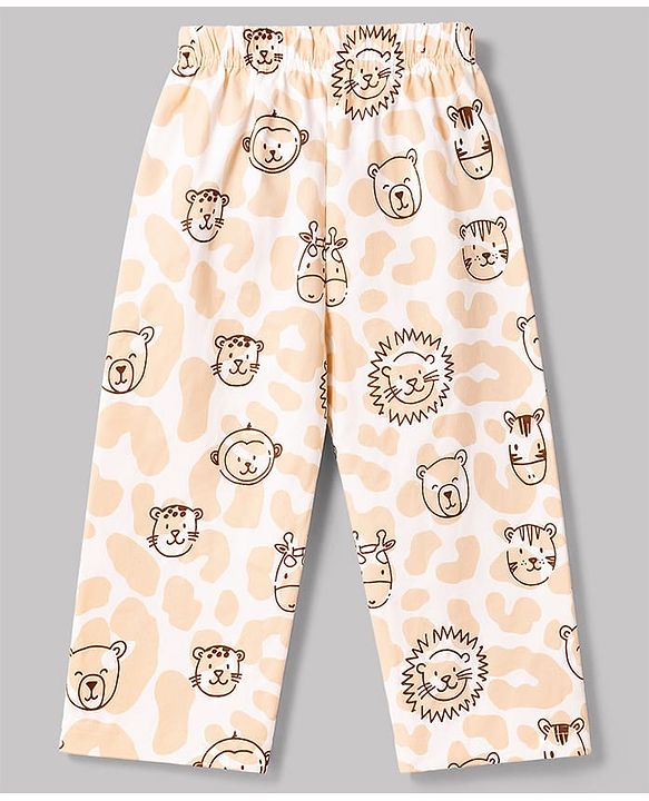 Babyhug 100% Cotton Knit Full Sleeves Front Open Lion Face Printed Co-Ords Shirt & Pyjama Night Suit -White