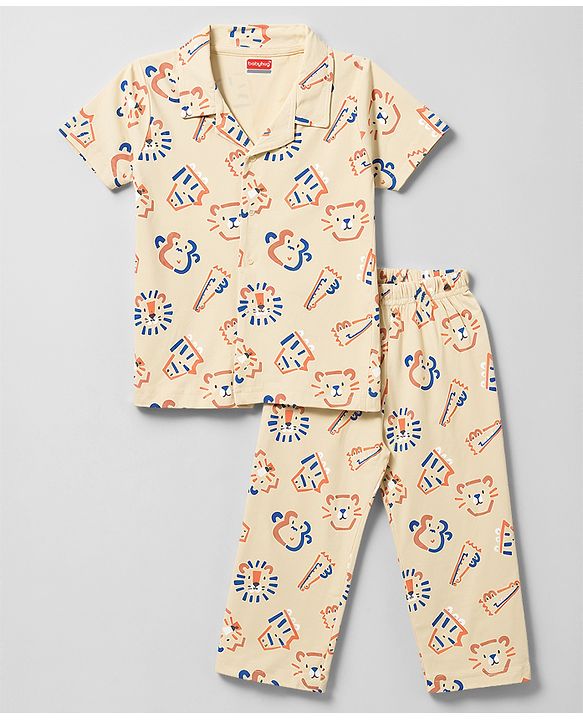 Babyhug 100% Cotton Knit Half Sleeves Shirt & Pyjama Co-Ord Night Suit With Animal Print - Brown