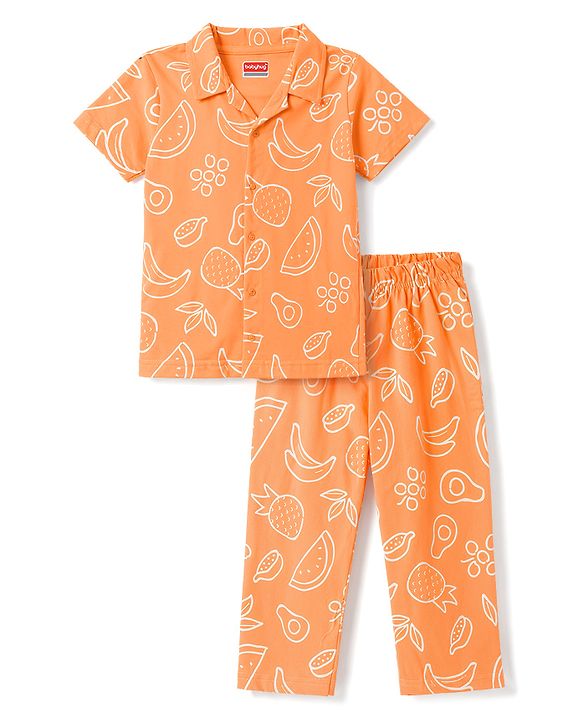 Babyhug 100% Cotton Knit Half Sleeves Shirt & Pyjama Co-Ord Night Suit With Tropical Print - Orange