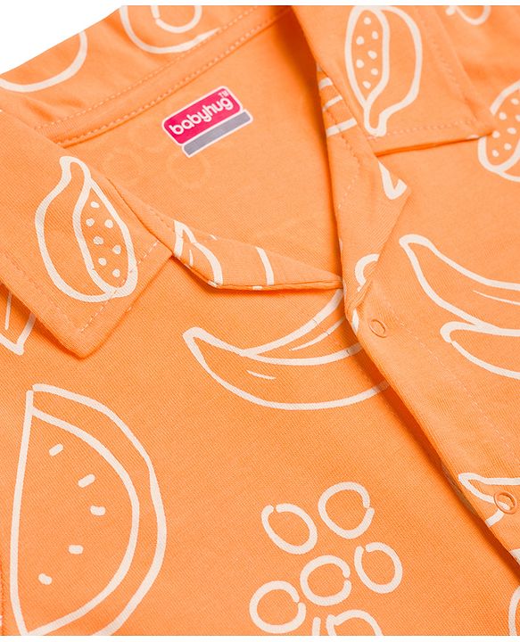 Babyhug 100% Cotton Knit Half Sleeves Shirt & Pyjama Co-Ord Night Suit With Tropical Print - Orange