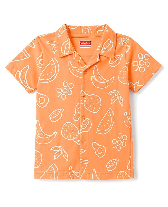 Babyhug 100% Cotton Knit Half Sleeves Shirt & Pyjama Co-Ord Night Suit With Tropical Print - Orange
