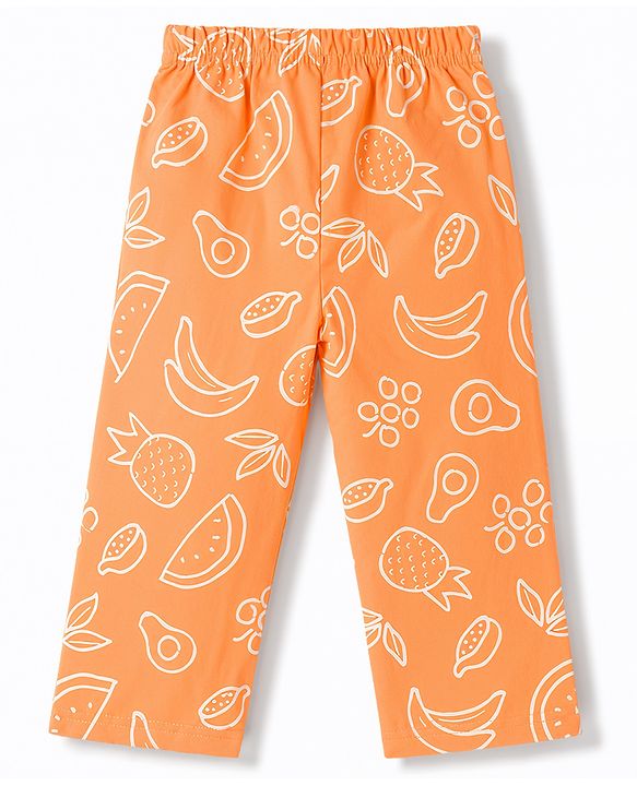 Babyhug 100% Cotton Knit Half Sleeves Shirt & Pyjama Co-Ord Night Suit With Tropical Print - Orange