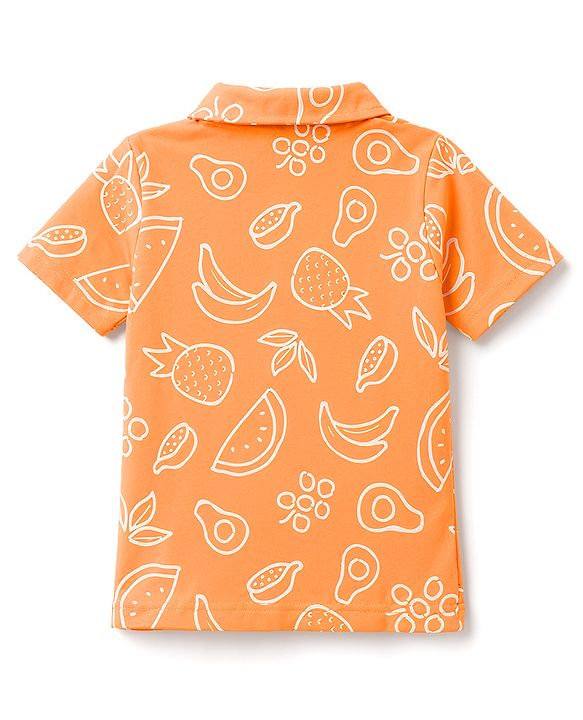 Babyhug 100% Cotton Knit Half Sleeves Shirt & Pyjama Co-Ord Night Suit With Tropical Print - Orange