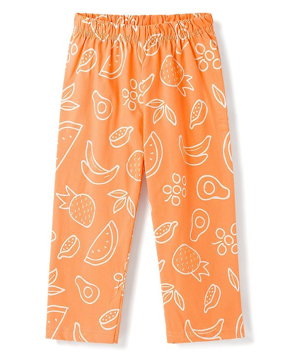 Babyhug 100% Cotton Knit Half Sleeves Shirt & Pyjama Co-Ord Night Suit With Tropical Print - Orange