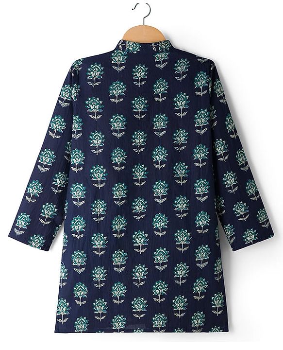 Pine Kids Cotton Woven Full Sleeves Floral Printed Kurta - Navy