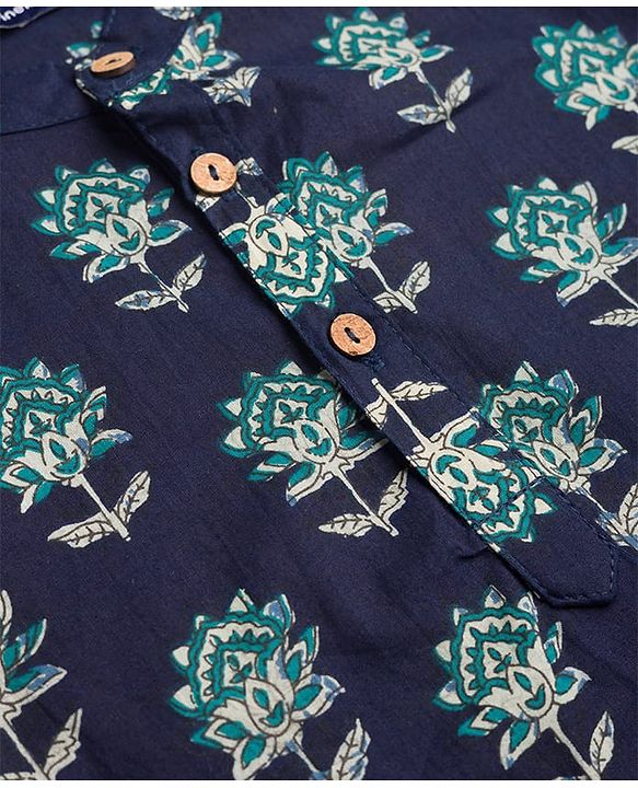 Pine Kids Cotton Woven Full Sleeves Floral Printed Kurta - Navy