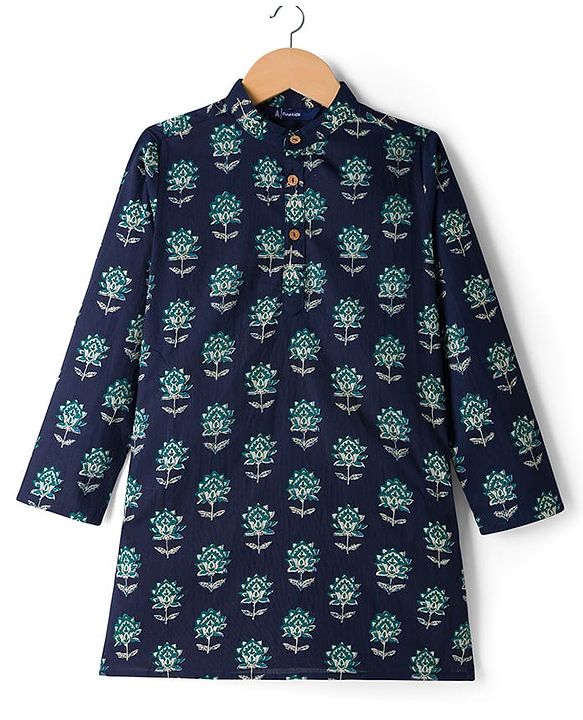 Pine Kids Cotton Woven Full Sleeves Floral Printed Kurta - Navy