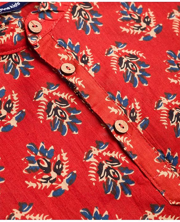 Pine Kids Cotton Woven Full Sleeves Floral Printed Kurta - Maroon