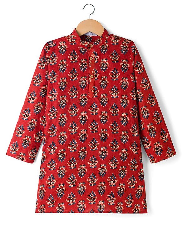 Pine Kids Cotton Woven Full Sleeves Floral Printed Kurta - Maroon
