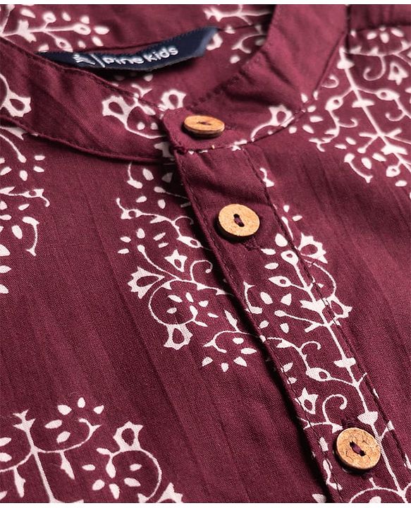 Pine Kids Cotton Woven Full Sleeves Floral Printed Kurta & Pyjama Set - Maroon
