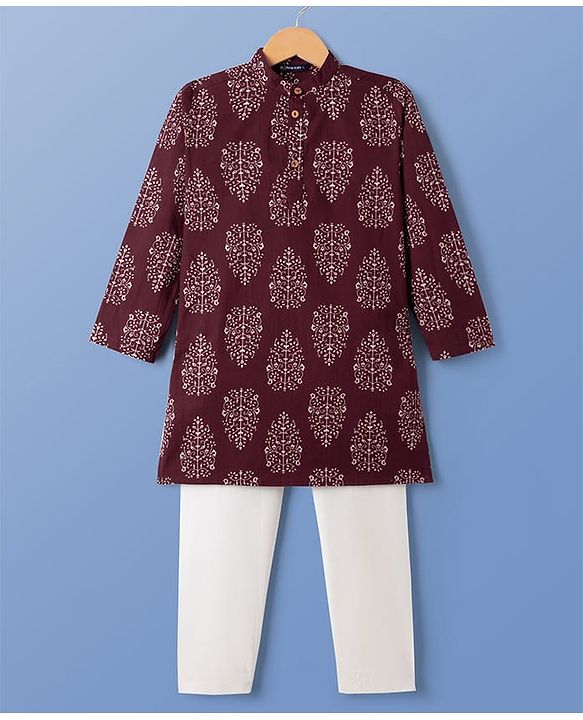 Pine Kids Cotton Woven Full Sleeves Floral Printed Kurta & Pyjama Set - Maroon