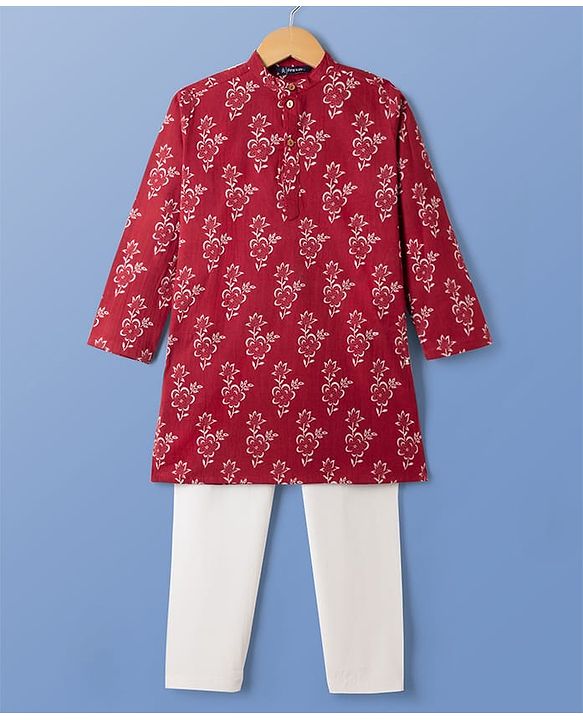 Pine Kids Cotton Woven Full Sleeves Floral Printed Kurta & Pyjama Set - Rust Orange