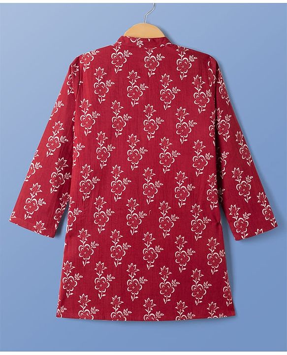 Pine Kids Cotton Woven Full Sleeves Floral Printed Kurta & Pyjama Set - Rust Orange
