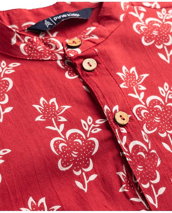Pine Kids Cotton Woven Full Sleeves Floral Printed Kurta & Pyjama Set - Rust Orange