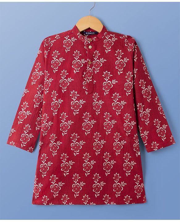 Pine Kids Cotton Woven Full Sleeves Floral Printed Kurta & Pyjama Set - Rust Orange