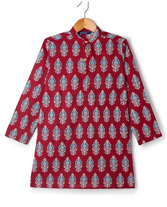 Pine Kids Cotton Woven Full Sleeves Floral Printed Kurta - Dark Red