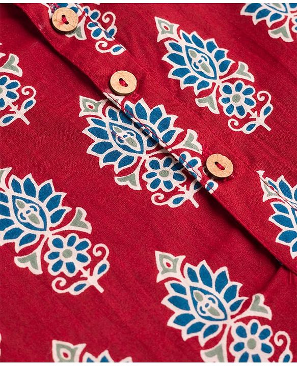 Pine Kids Cotton Woven Full Sleeves Floral Printed Kurta - Dark Red