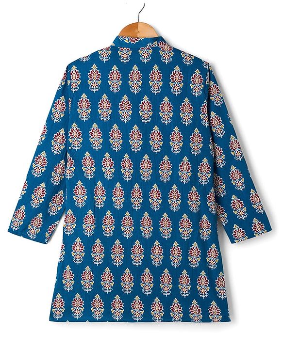 Pine Kids Cotton Woven Full Sleeves Floral Printed Kurta - Royal Blue
