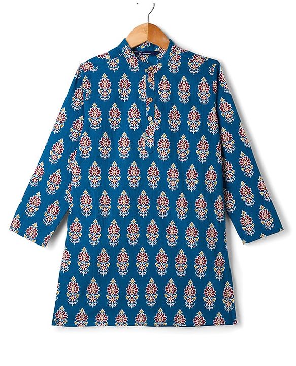 Pine Kids Cotton Woven Full Sleeves Floral Printed Kurta - Royal Blue