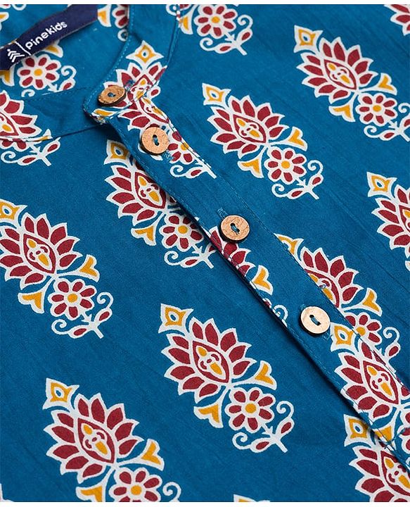 Pine Kids Cotton Woven Full Sleeves Floral Printed Kurta - Royal Blue