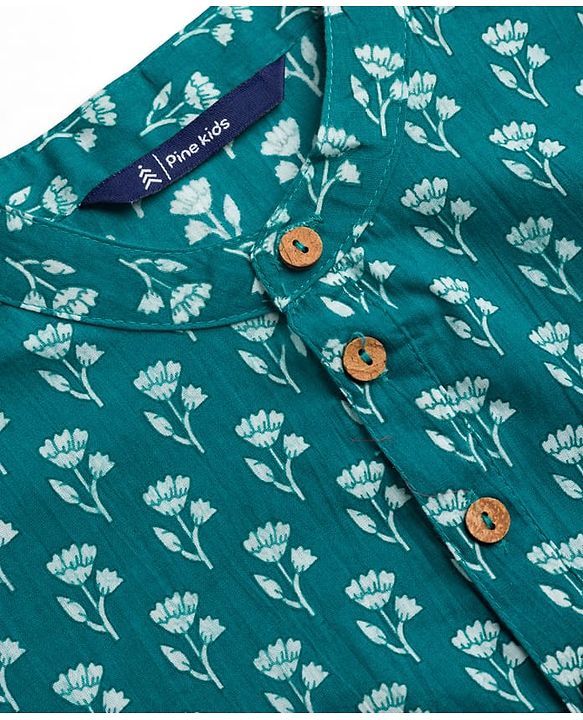 Pine Kids Cotton Woven Full Sleeves Floral Printed Kurta - Teal