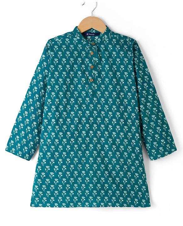Pine Kids Cotton Woven Full Sleeves Floral Printed Kurta - Teal