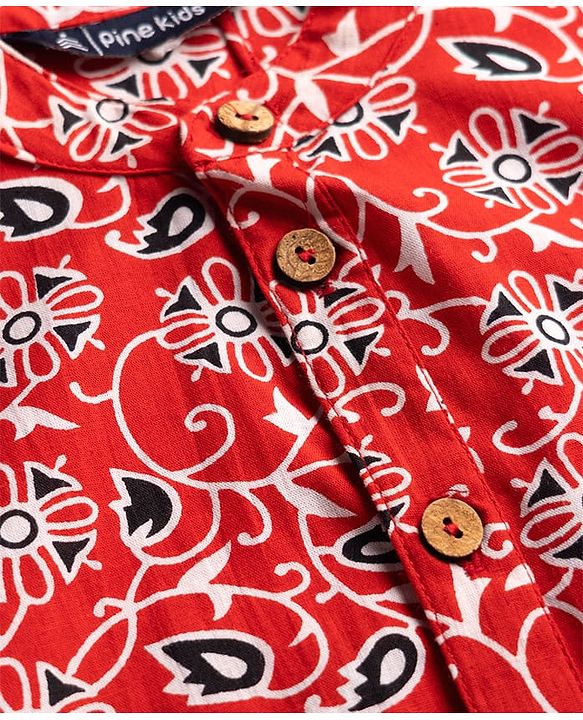 Pine Kids 100% Cotton Woven Full Sleeves Floral Printed Kurta - Red