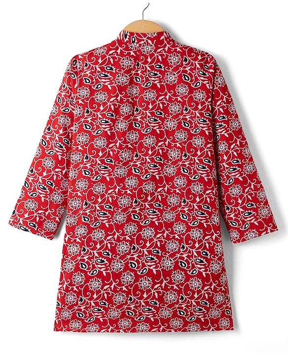Pine Kids 100% Cotton Woven Full Sleeves Floral Printed Kurta - Red