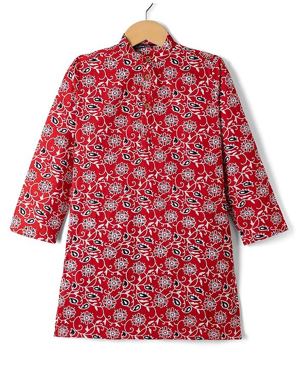 Pine Kids 100% Cotton Woven Full Sleeves Floral Printed Kurta - Red