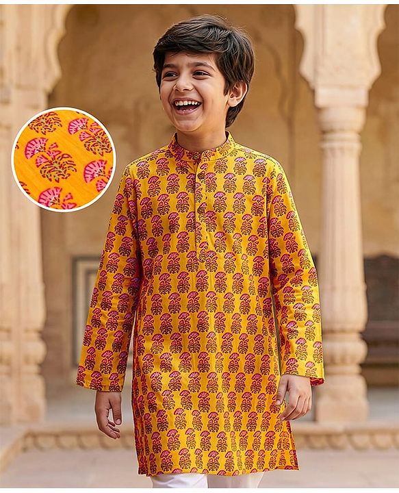Pine Kids Cotton Woven Full Sleeves Floral Printed Kurta - Mustard