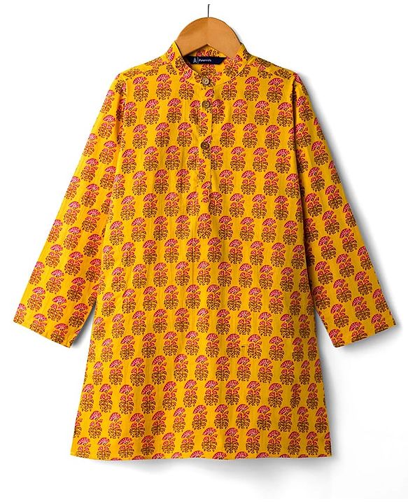 Pine Kids Cotton Woven Full Sleeves Floral Printed Kurta - Mustard