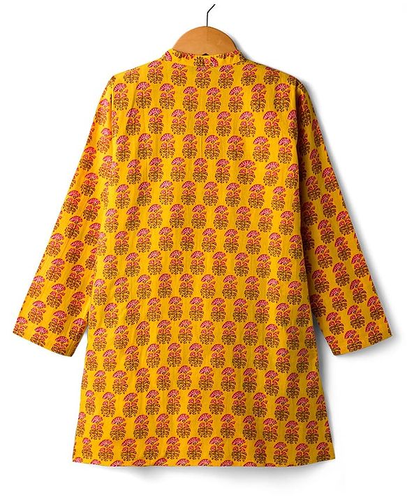 Pine Kids Cotton Woven Full Sleeves Floral Printed Kurta - Mustard