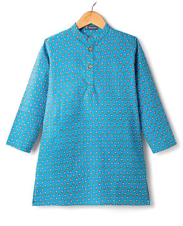 Pine Kids Cotton Woven Full Sleeves Floral Printed Kurta - Light Blue