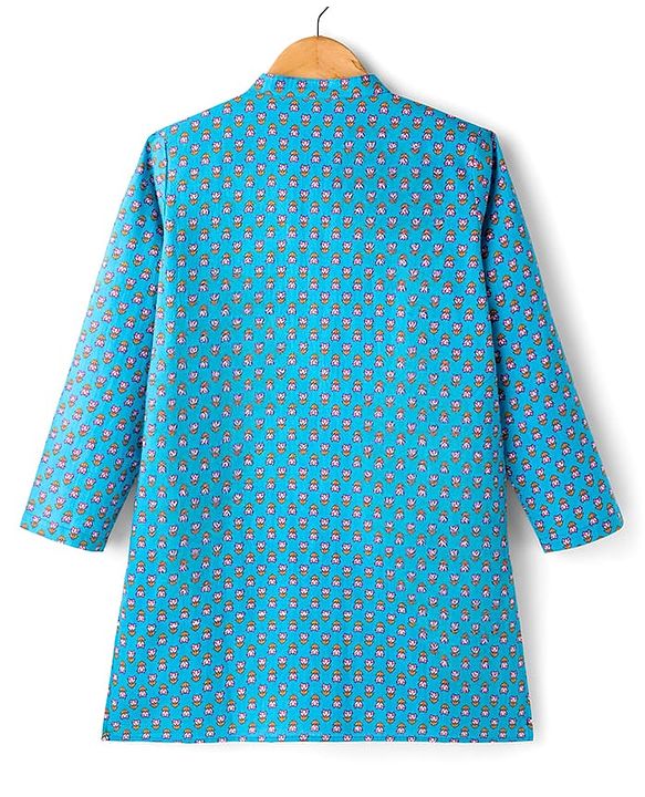 Pine Kids Cotton Woven Full Sleeves Floral Printed Kurta - Light Blue
